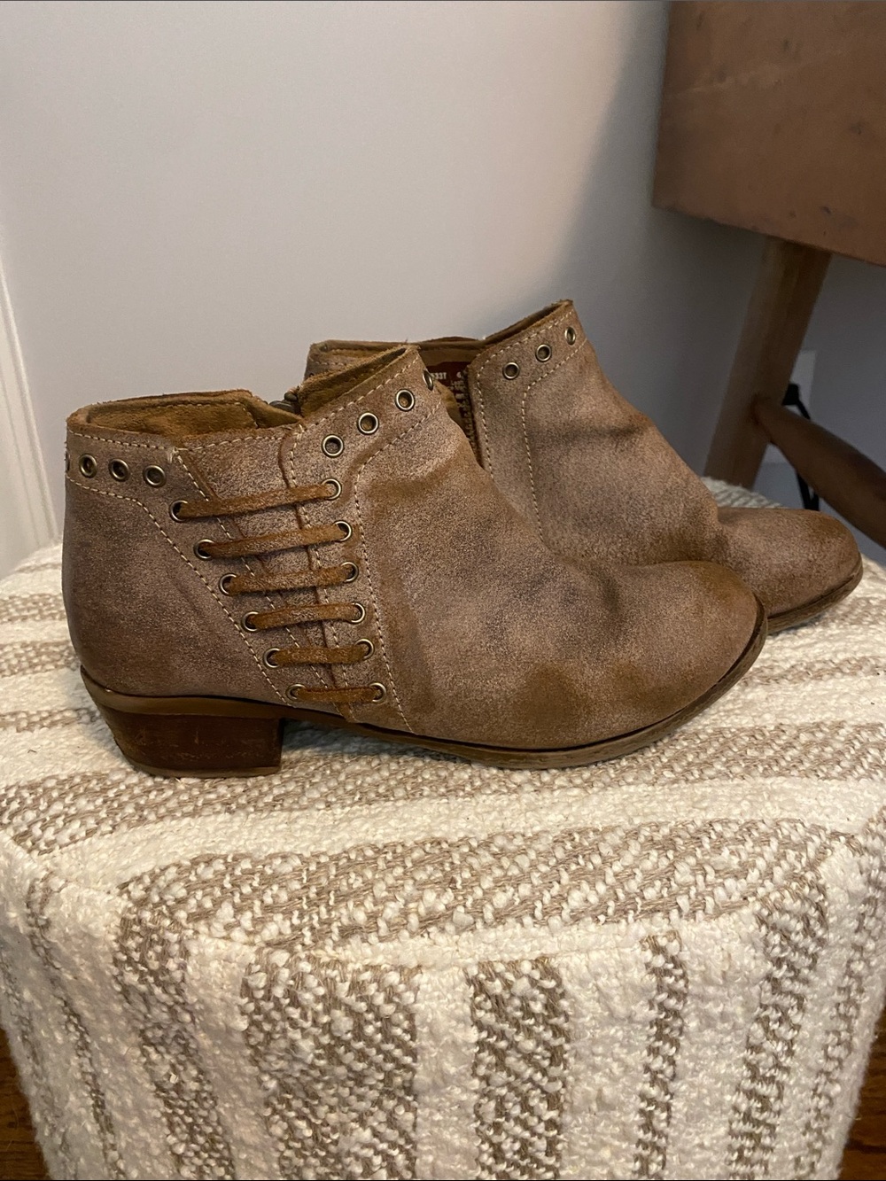Minnetonka Taupe Suede Ankle Booties with Eyelet Lace Detail